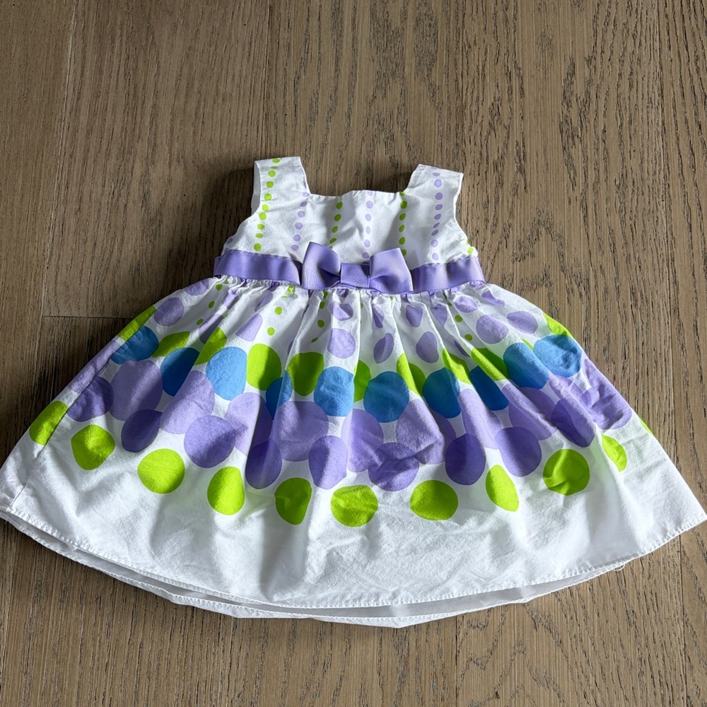 White Polka Dot Bow Sundress with Purple & Lime Accents